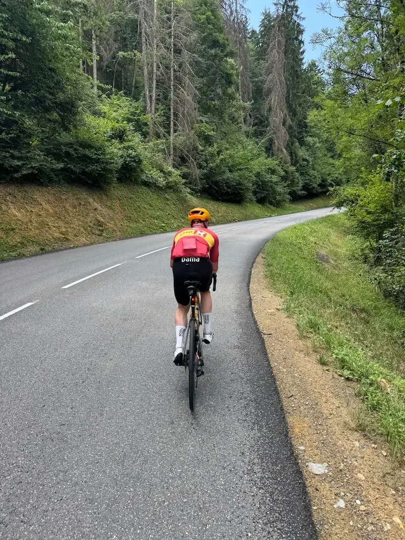 Grinding up the forest ramps on the D221 — fresh tarmac, relentless grade.