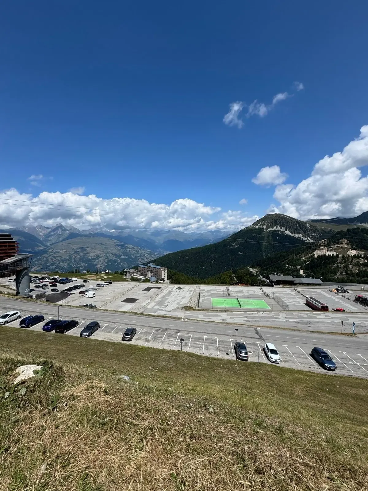 Looking out over the La Plagne car park to the Tarentaise peaks.