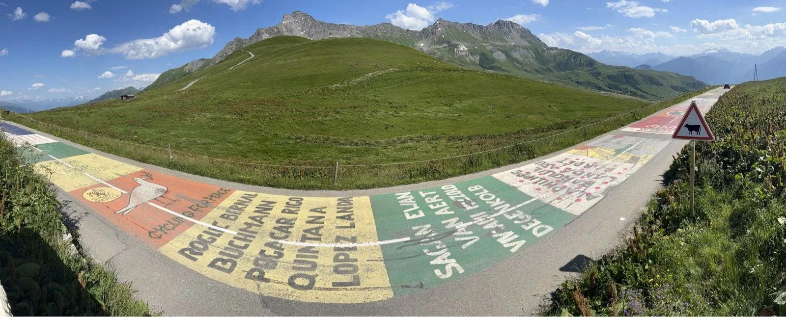 Pogačar, Roglič, Bernal, Quintana — the Tour de France written across the road.