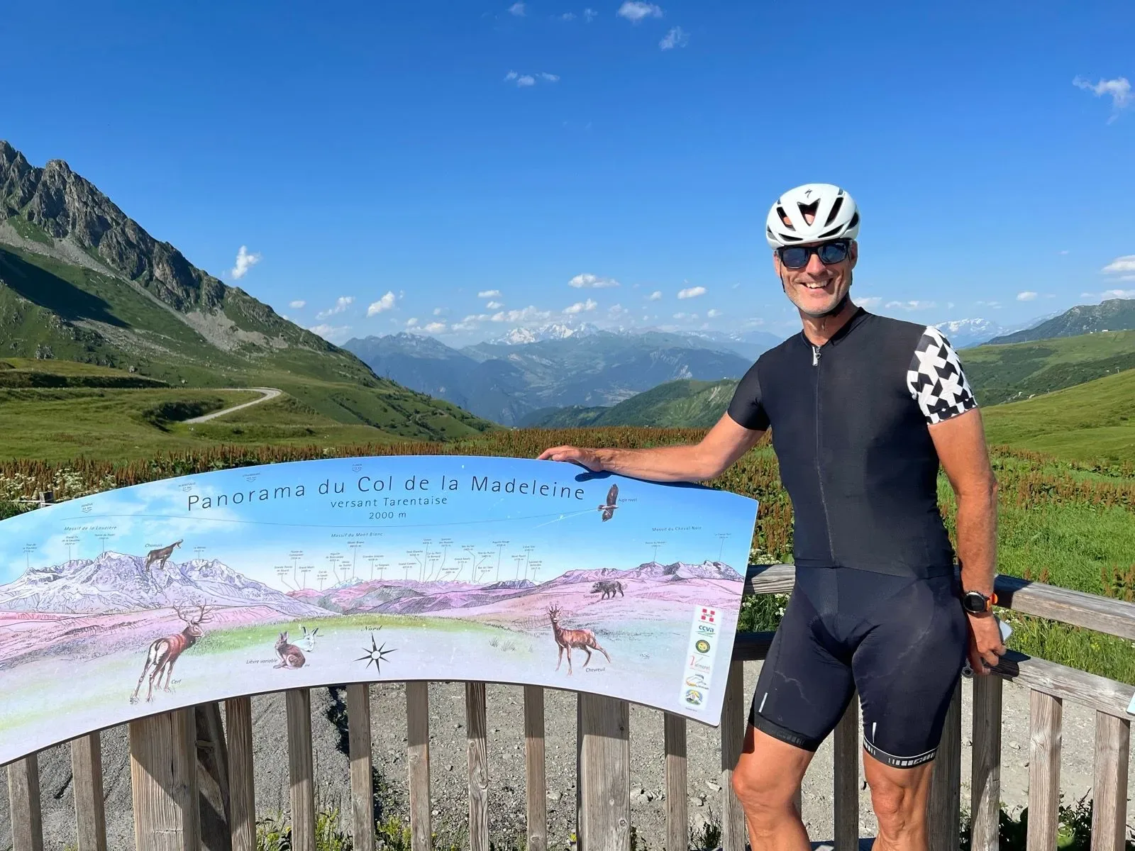 Standing by the Panorama board with Mont Blanc floating in the distance.