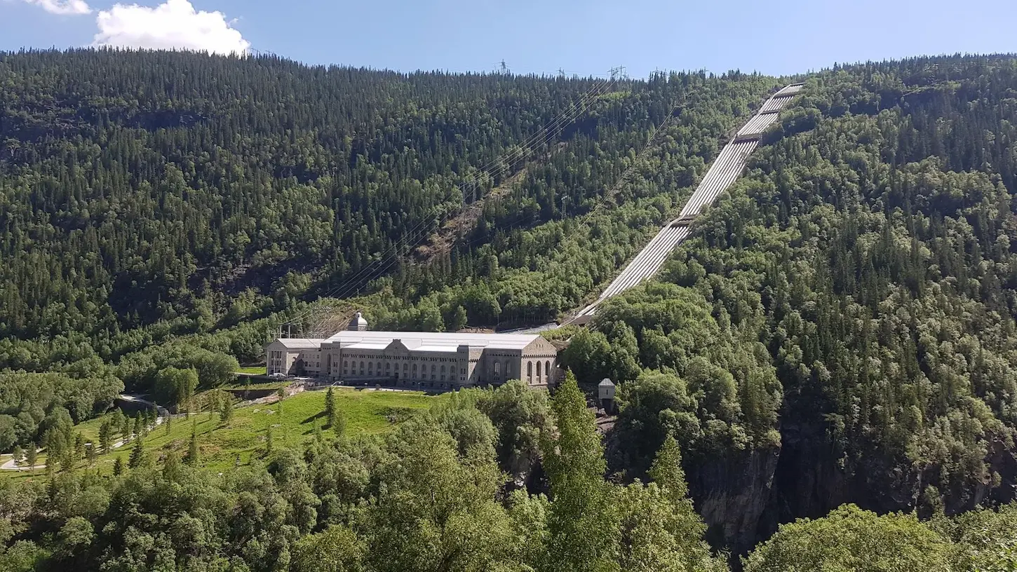 View across the valley to Vemork Tungtvannfabrikken — site of the 1943 Norwegian heavy-water sabotage, seen from Stallbakken