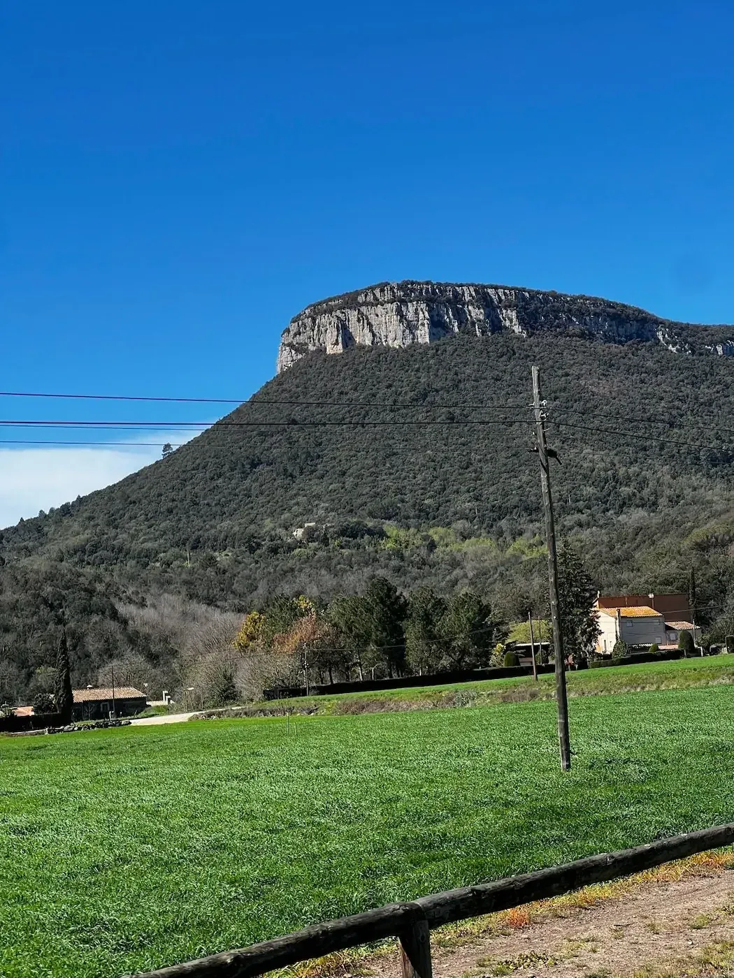 Flat-topped Guilleries limestone cliffs rising over green spring meadows on the Sant Martí Sacalm climb, Girona.