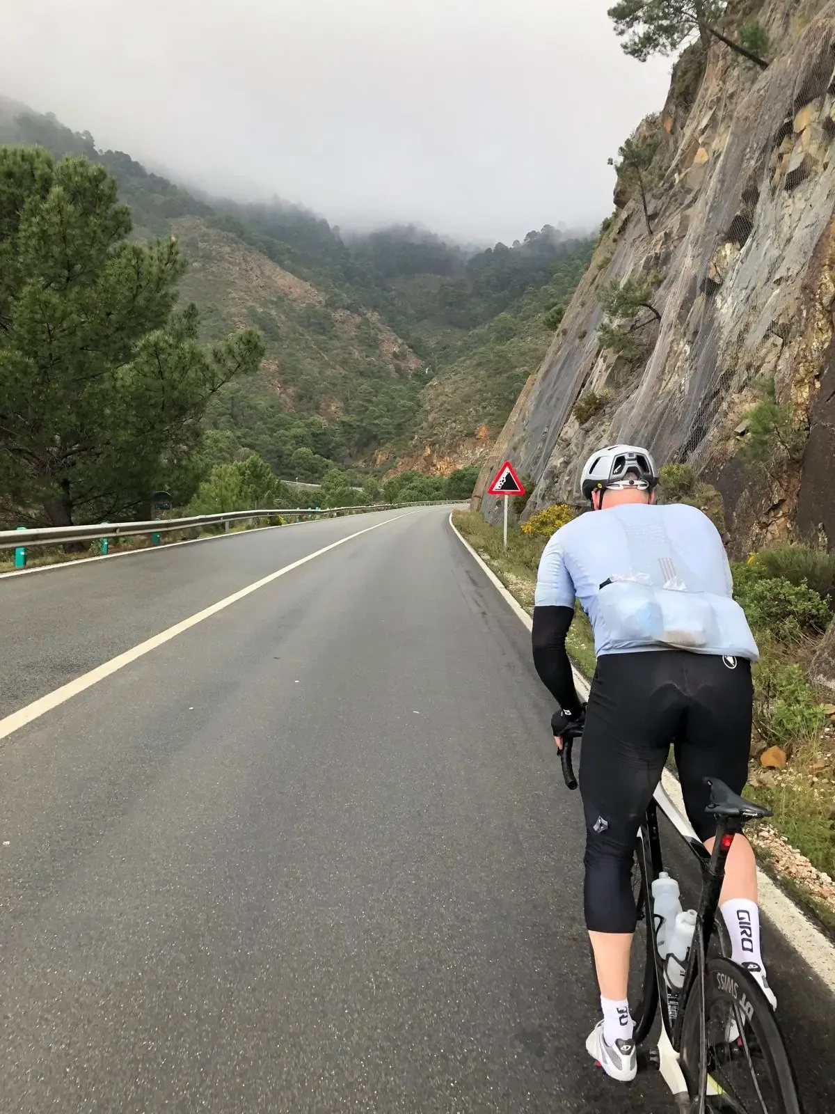 Dropping through misty pine-clad gorges on the descent back to Marbella