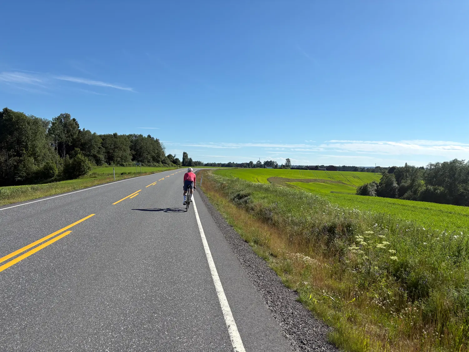 Campo abierto de cereal entre Slitu y Mysen: carreteras anchas, mucha visibilidad y casi ningún coche