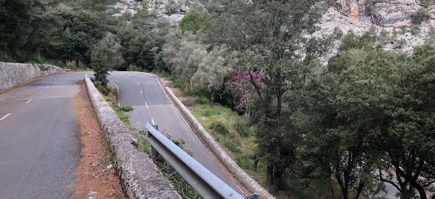 A bend with stone parapet and steel barrier, pine woods and bare limestone on the far side of the valley.