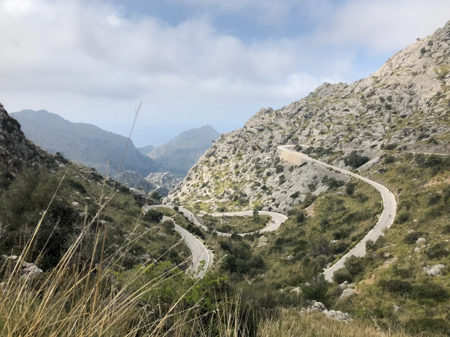 Sa Calobra serpentines viewed during the climb back from sea level, Mallorca cycling queen stage.