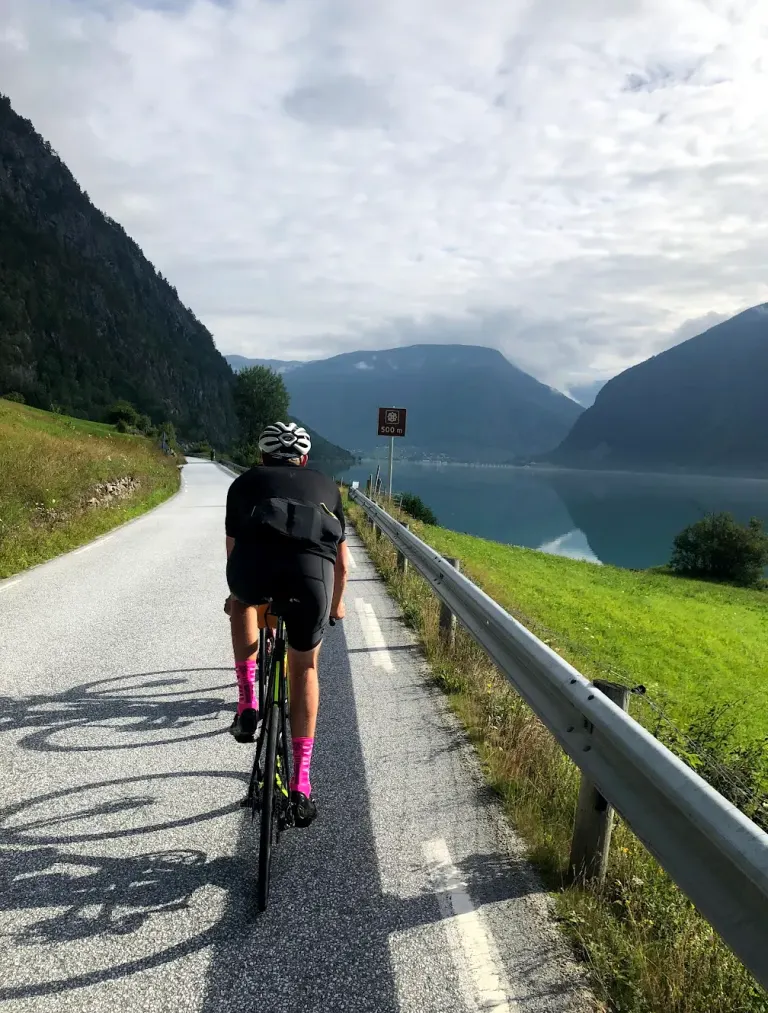 Cycling along Sognefjord, Norway — route past Urnes Stave Church and Nigardsbreen Glacier