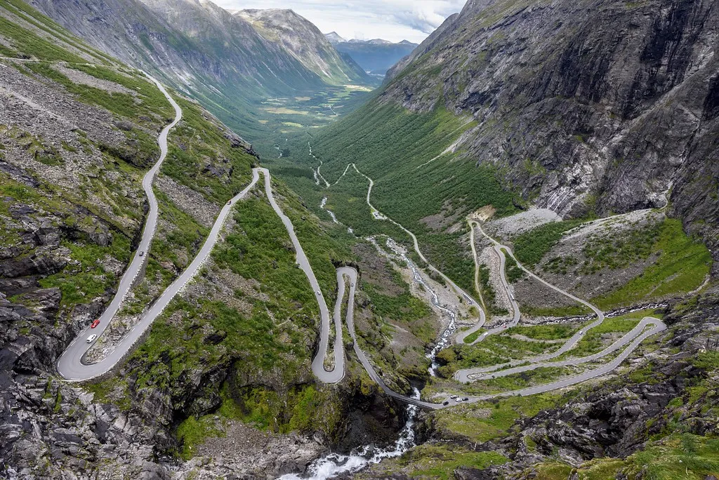 All eleven Trollstigen hairpins seen from above, with Isterdalen and Romsdalen beyond.