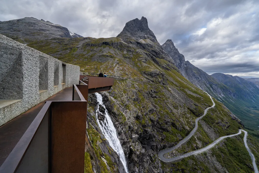 The concrete viewing platform on Trollstigplatået, cantilevered out over the hairpins.