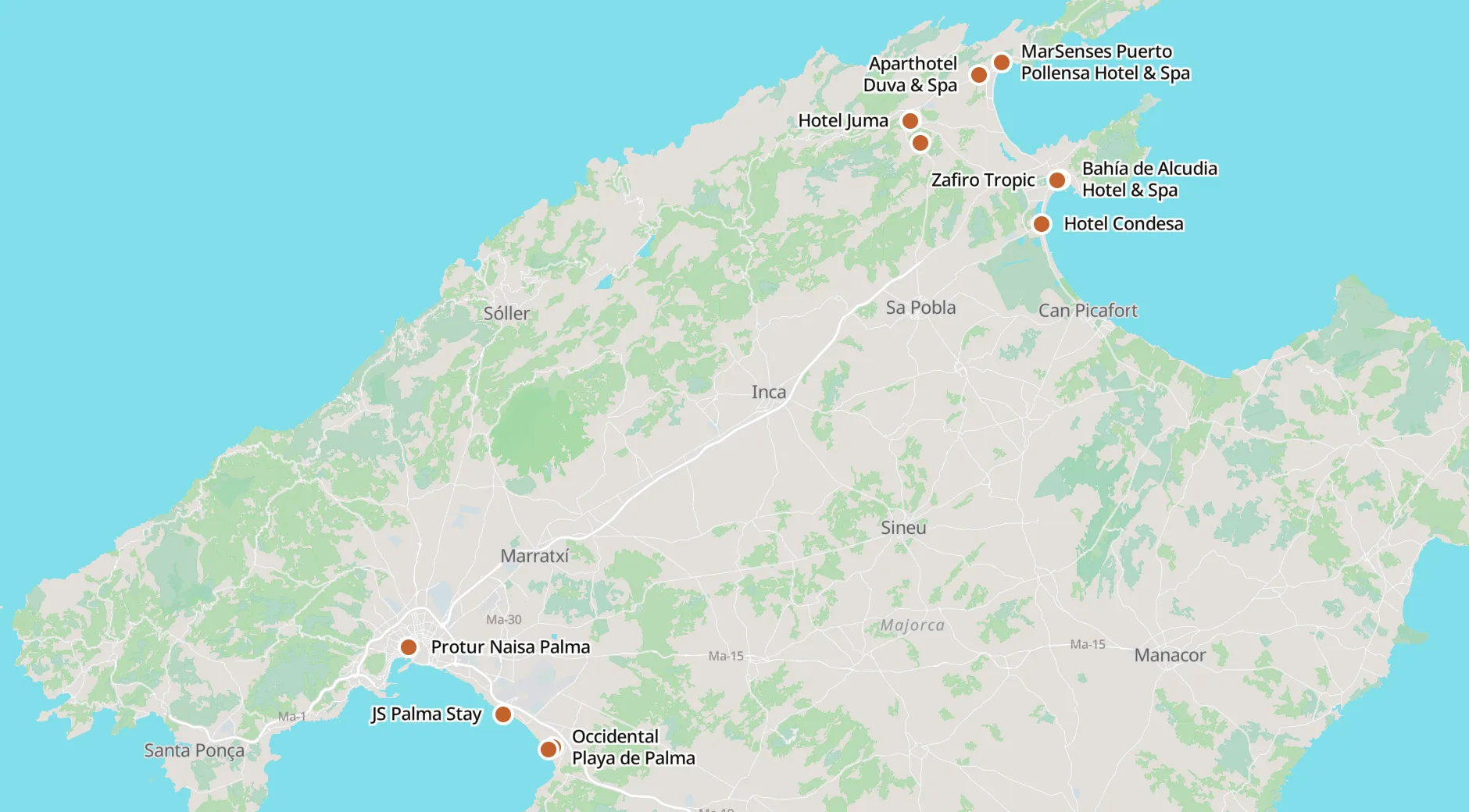 Map of the cycling hotels in Mallorca